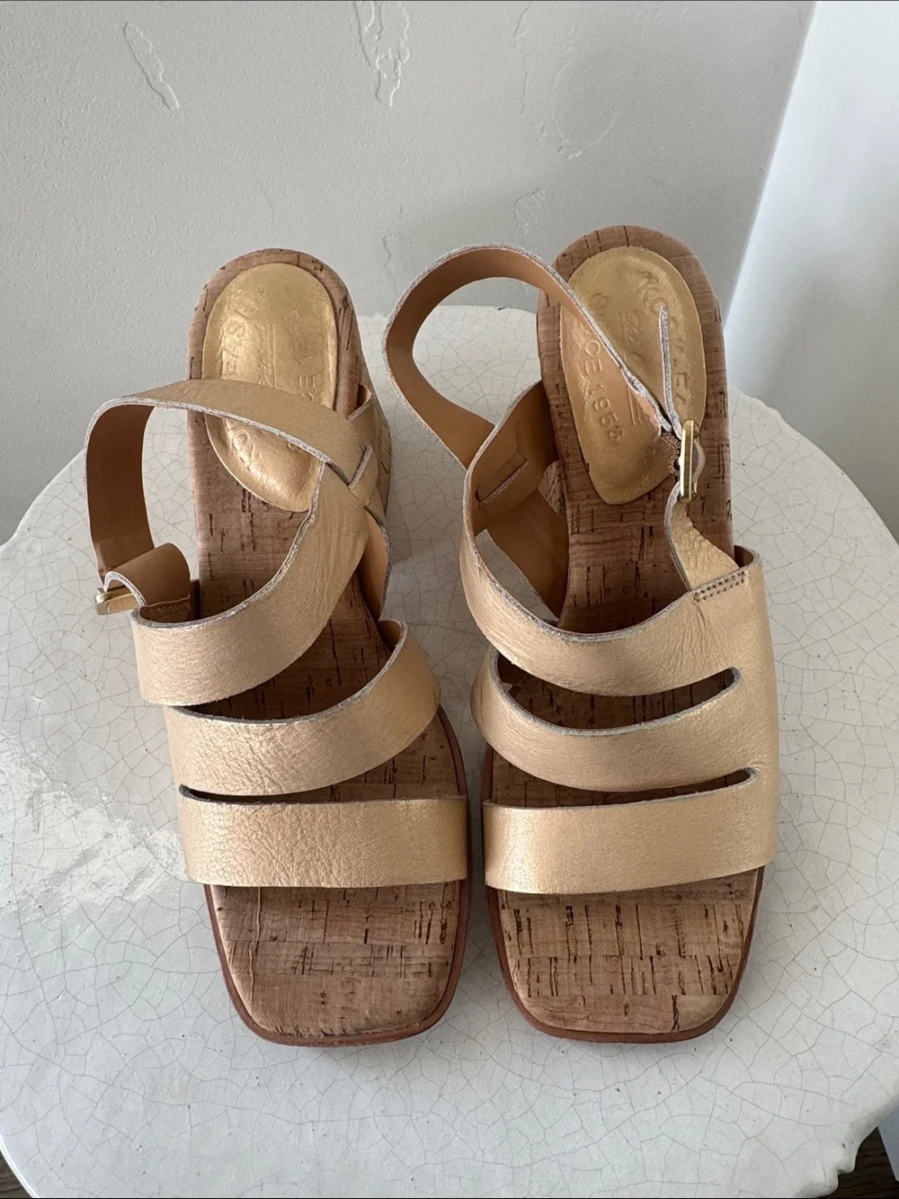 Kork-Ease CATE Slingback Women's Metallic Champagne Angled Cork Heels Size 7 EUC